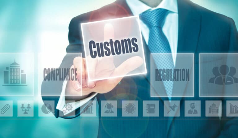 Man in business suit clicking on virtual customs sign